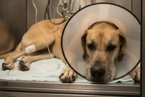 Perro con collar isabelino y vías intravenosas, recuperándose de una posible torsión gástrica.