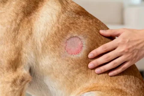 Un veterinario examina una zona con caída de pelo en perros, mostrando piel irritada y enrojecida.