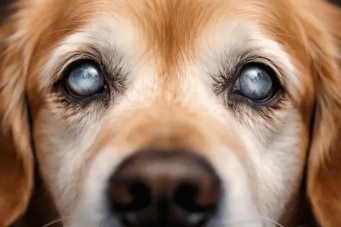 Primer plano de los ojos de un perro dorado con cataratas, mostrando la opacidad azulada.