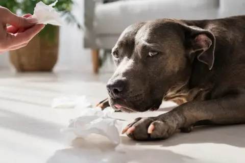 Perro con aspecto triste y pañuelos de papel esparcidos, quizás por parainfluenza canina.
