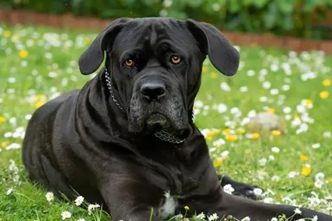 Un majestuoso perro cane corso negro descansa en un prado lleno de flores silvestres blancas y amarillas.