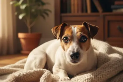 Un perro Jack Russell descansa en una manta, con ojos curiosos. ¿Por qué mi perro tiembla? Quizás solo busca calor y mimos.