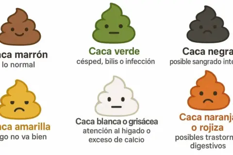 Seis tipos de caca de perro: marrón (normal), verde (infección), negra (sangrado), amarilla (malestar), blanca/grisácea (hígado/calcio) y naranja/rojiza (digestivo).