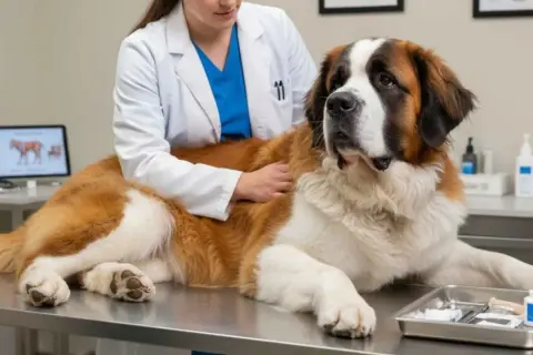Veterinario examina a un San Bernardo en la mesa. La pregunta es: cuanto dura un perro con torsión de estómago.