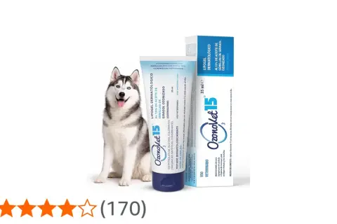 Husky sonriente junto a un tubo y caja de Ozonovet 15, lipogel dermatológico para ozonoterapia perros.