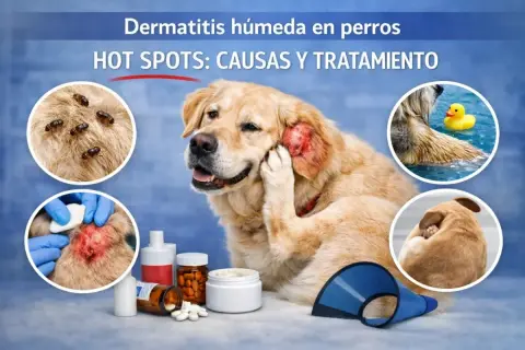 Golden retriever con dermatitis húmeda en perros. Muestra causas como pulgas y tratamiento con medicamentos.