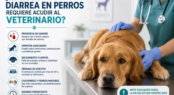 Un veterinario examina a un perro con diarrea. La imagen enumera señales de alerta como sangre, vómitos, apatía, pérdida de apetito y diarrea persistente.