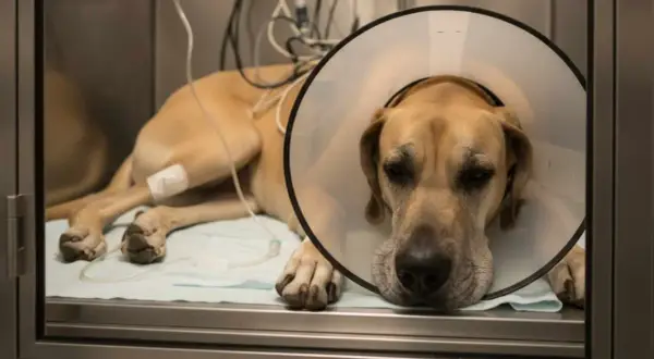 Perro con collar isabelino y vías intravenosas, recuperándose de una posible torsión gástrica.