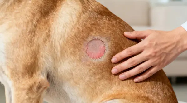 Un veterinario examina una zona con caída de pelo en perros, mostrando piel irritada y enrojecida.