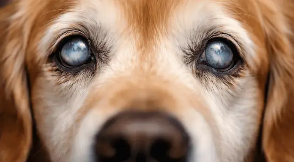 Primer plano de los ojos de un perro dorado con cataratas, mostrando la opacidad azulada.