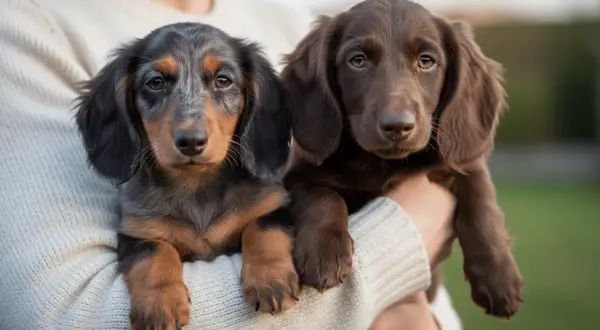 Dos cachorros teckel medianos, uno merle y otro marrón, son sostenidos en brazos.