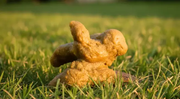 Excremento de perro con diarrea amarilla sobre césped verde.
