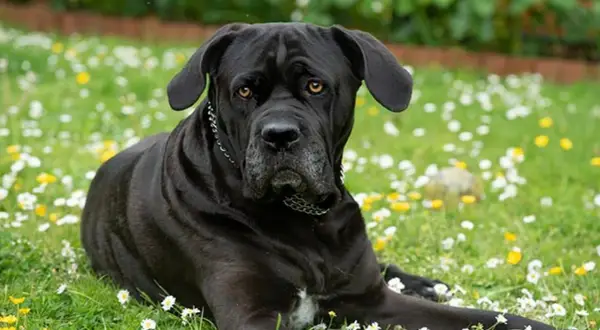 Un majestuoso perro cane corso negro descansa en un prado lleno de flores silvestres blancas y amarillas.