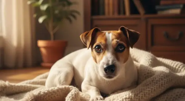 Un perro Jack Russell descansa en una manta, con ojos curiosos. ¿Por qué mi perro tiembla? Quizás solo busca calor y mimos.