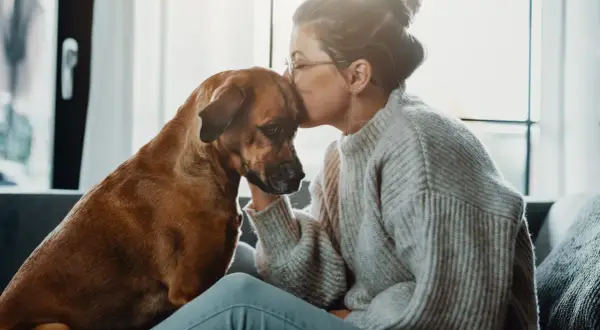 Mujer besa la frente de su perro, un momento tierno que demuestra que se puede sacrificar un perro por amor.