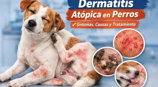 Perro con piel atopica, rascándose intensamente. Muestra inflamación y enrojecimiento. Se aprecian detalles de la dermatitis en círculos.