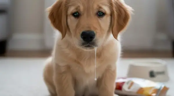 Cachorro golden retriever con babas. Si tu perro tiene síntomas, puede morir un perro por gastritis.