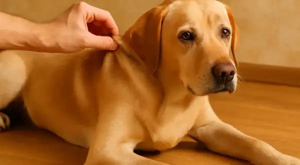 Un perro labrador es examinado para saber si está deshidratado. Su dueño le levanta la piel del lomo para ver si vuelve a su sitio.