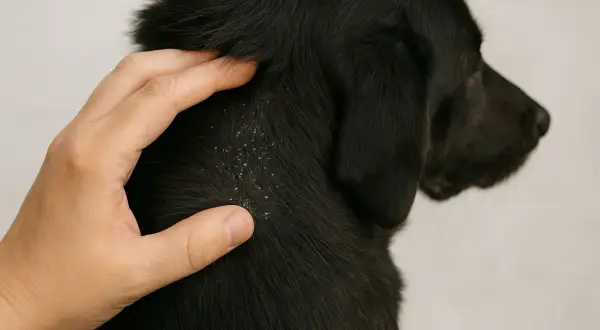 Una mano acaricia el pelaje negro de un perro, revelando escamas blancas de caspa en su piel.