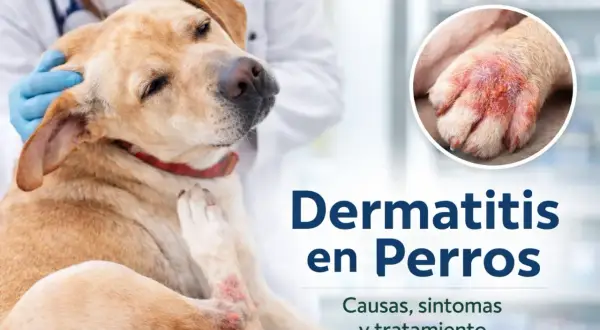 Perro con dermatitis en patas, siendo examinado por un veterinario. La imagen muestra la inflamación y enrojecimiento característicos de la dermatitis en perros.