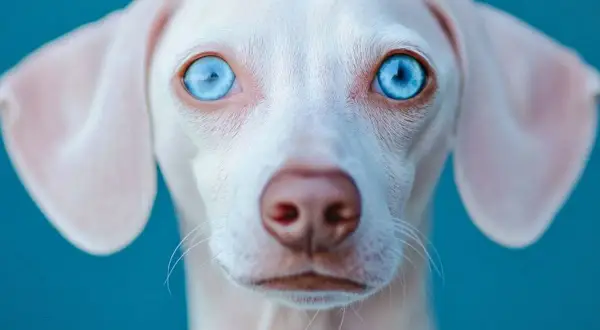 Un teckel albino con hipnotizantes ojos azules mira fijamente. Su pelaje blanco y sus orejas caídas contrastan con el fondo azul vibrante.