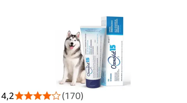 Husky sonriente junto a un tubo y caja de Ozonovet 15, lipogel dermatológico para ozonoterapia perros.