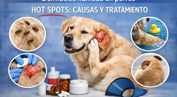 Golden retriever con dermatitis húmeda en perros. Muestra causas como pulgas y tratamiento con medicamentos.