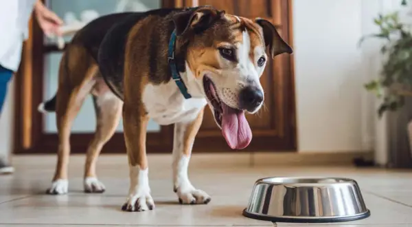 Perro con la lengua fuera, junto a un cuenco vacío. ¿Cuánto tiempo aguanta un perro sin comer ni beber?