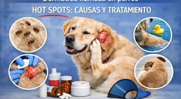 Perro con dermatitis húmeda, mostrando causas como pulgas y tratamiento con medicamentos. Un **hot spot** en su oreja le causa molestia.