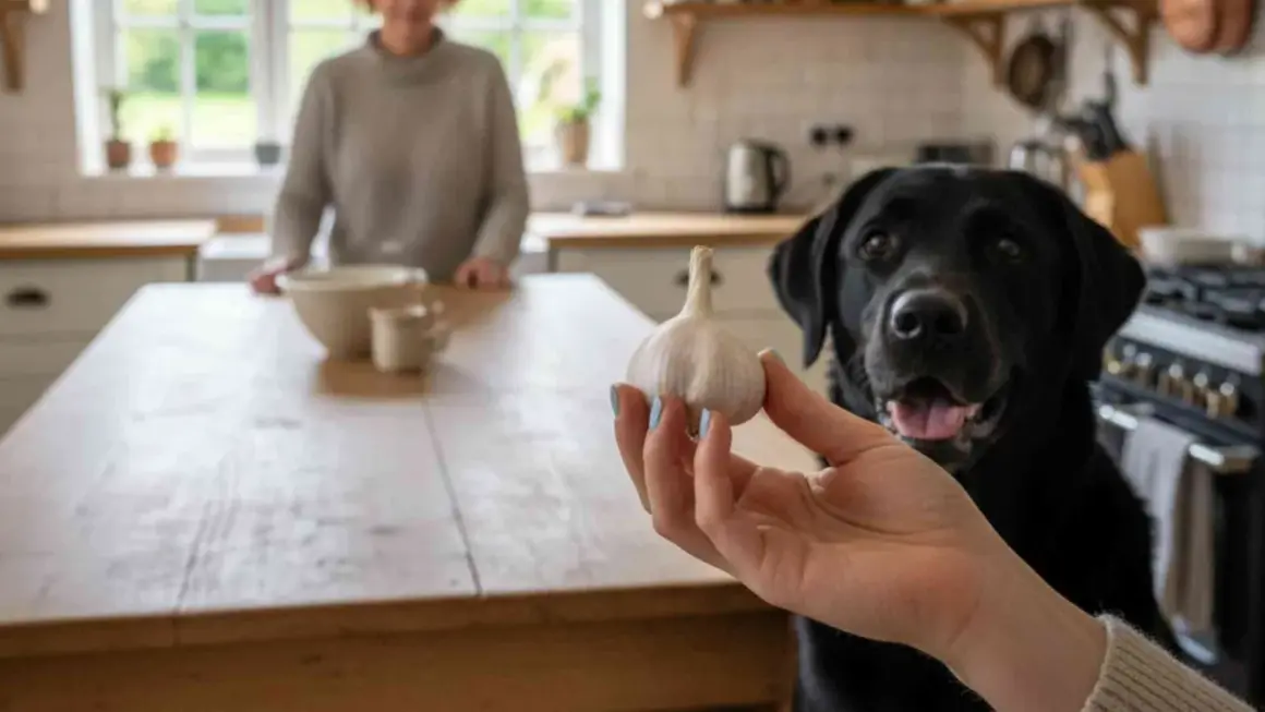 Un perro negro mira atentamente mientras le ofrecen un ajo. ¿Sabías que los perros pueden comer ajo?