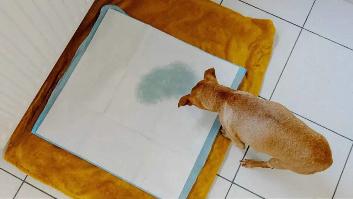 Perro pequeño sobre empapador con mancha de orina. Podría ser un síntoma de infeccion de orina perros.