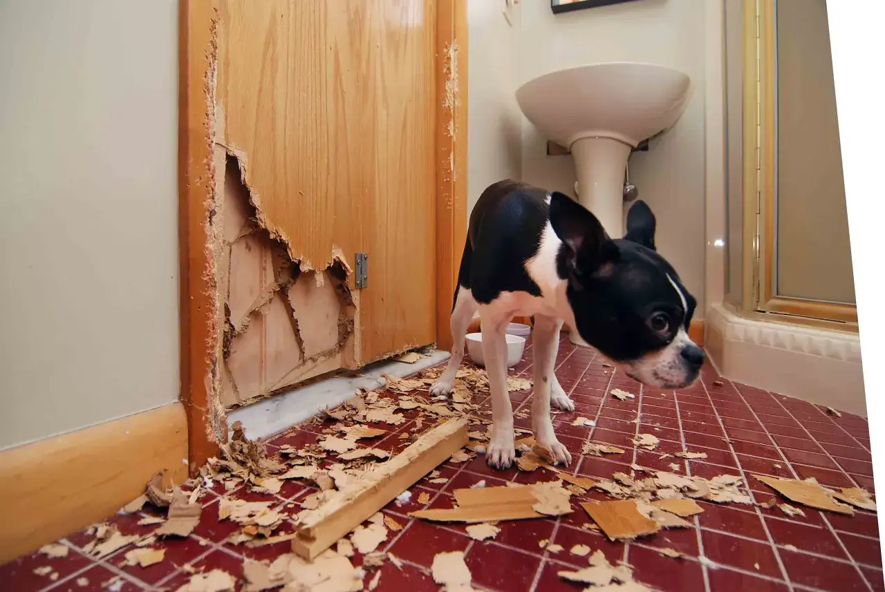 Perro Boston Terrier destrozando una puerta, evidencia de ansiedad por separaci&oacute;n en perros.