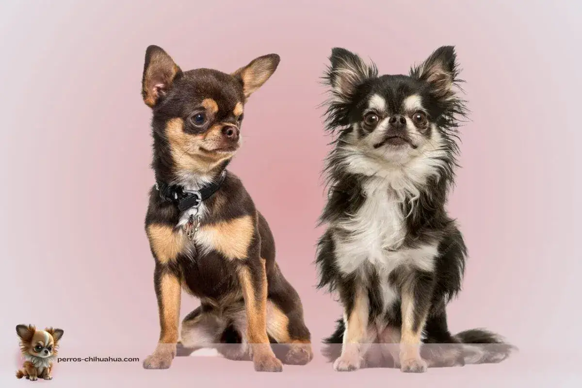 Dos chihuahua con pelos, uno caf&eacute; y negro, el otro negro y blanco, posan sobre fondo rosa.