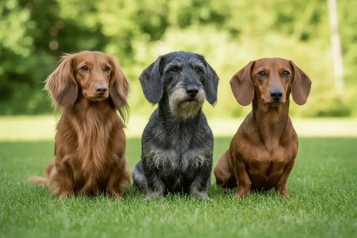 Tres perros teckel sentados en el césped: uno de pelo largo color canela, uno de pelo duro gris y uno de pelo corto marrón.