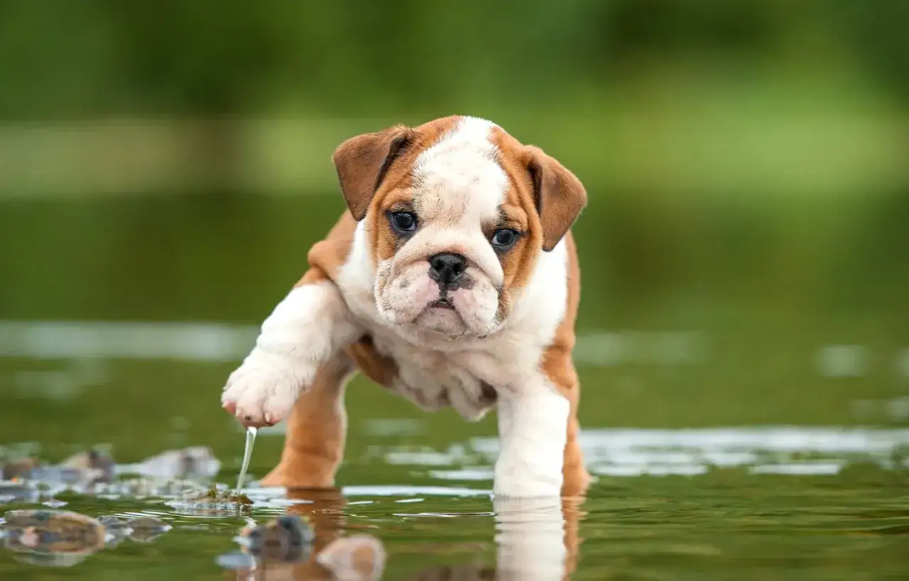 Adorable bulldog inglés cachorro jugando en el agua, con una pata levantada goteando.