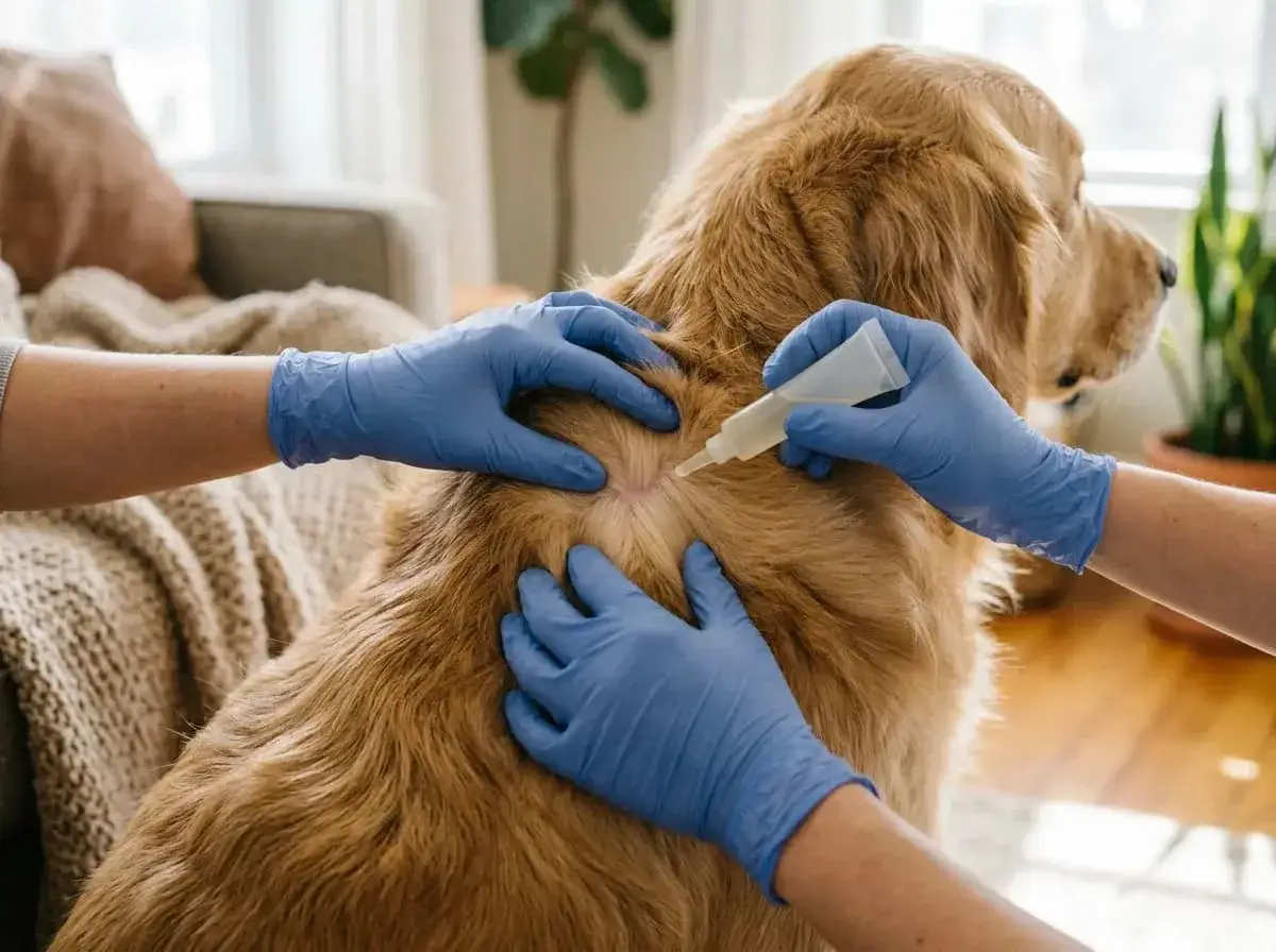 Manos con guantes azules aplican pipeta antiparasitaria a un golden retriever. &iexcl;Ya puedo tocar a mi perro despu&eacute;s de la pipeta!