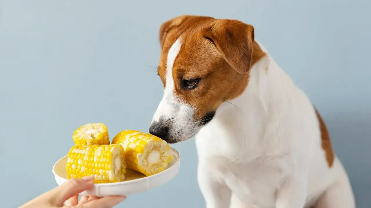Un perro Jack Russell curioso huele un plato con trozos de ma&iacute;z.