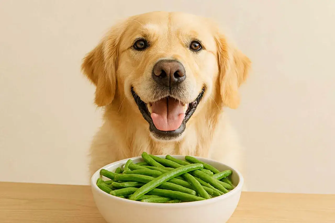 Golden retriever feliz con un tazón de judías verdes. ¡Un perro que ama las verduras!