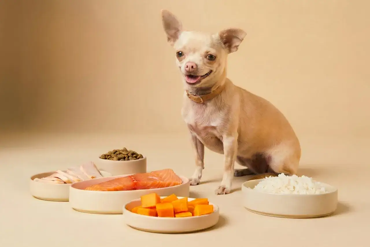 Chihuahua sonriente junto a ingredientes para comida casera: pollo, salmón, calabaza, arroz y croquetas.