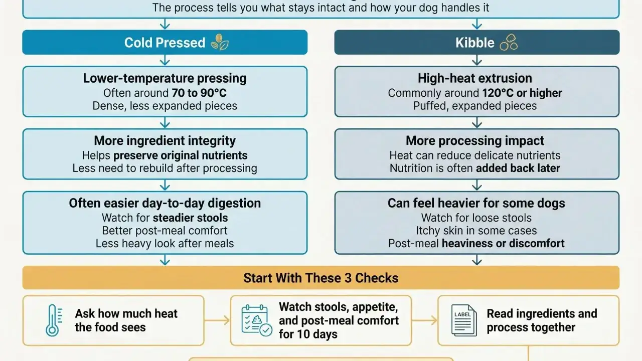 Proceso de pienso prensado en fr&iacute;o: menor temperatura, mayor integridad de ingredientes, digesti&oacute;n m&aacute;s f&aacute;cil. Compara con kibble.