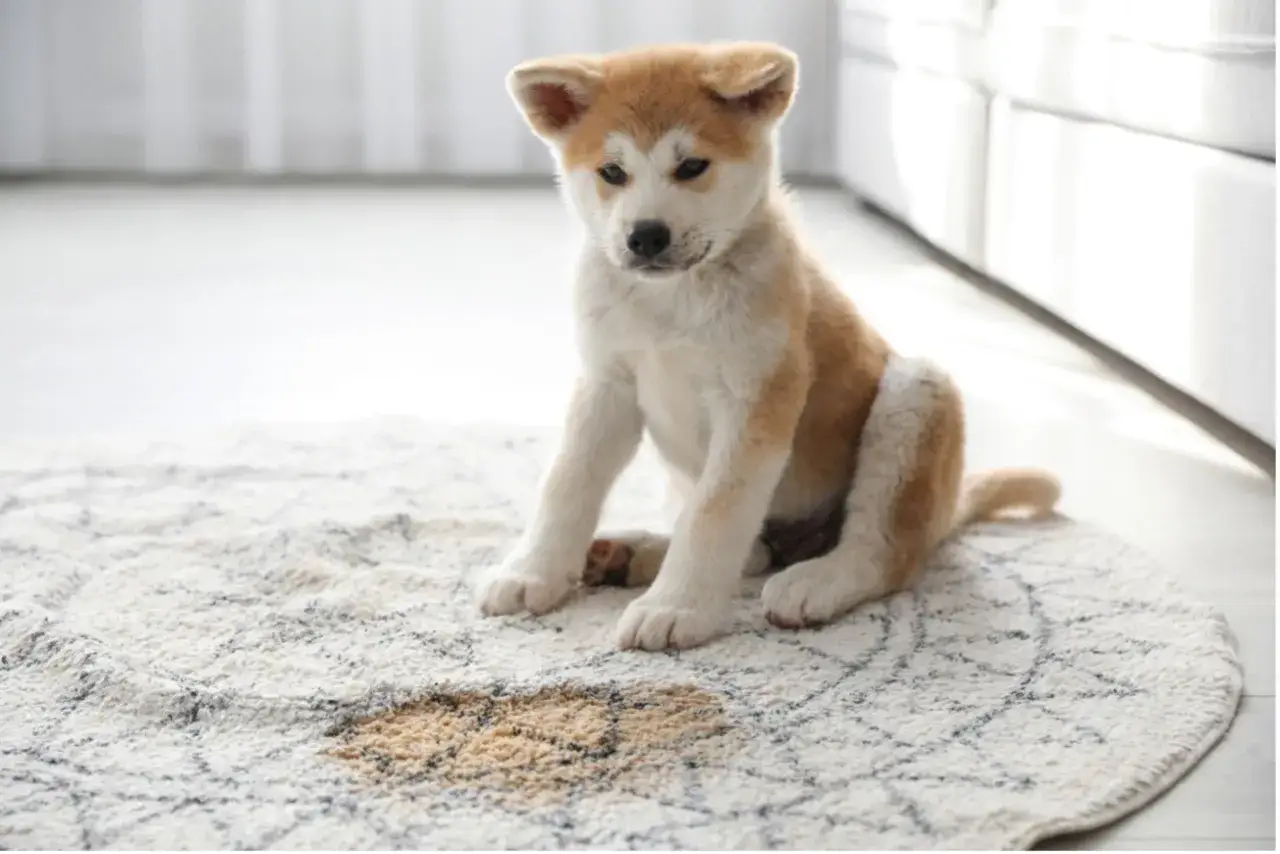 Adorable Akita cachorro sentado en una alfombra con una mancha de pis. Aprende como quitar el olor a pis de perro f&aacute;cilmente.