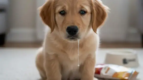 Cachorro golden retriever con babas cayendo. ¿Por qué vomita un perro? Quizás comió algo que no debía.