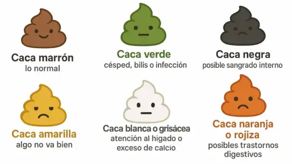Seis tipos de caca de perro: marrón (normal), verde (infección), negra (sangrado), amarilla (malestar), blanca/grisácea (hígado/calcio) y naranja/rojiza (digestivo).