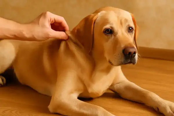 Un perro labrador es examinado para saber si está deshidratado. Su dueño le levanta la piel del lomo para ver si vuelve a su sitio.