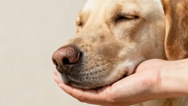 Primer plano de un perro con nariz seca, sostenida por una mano.